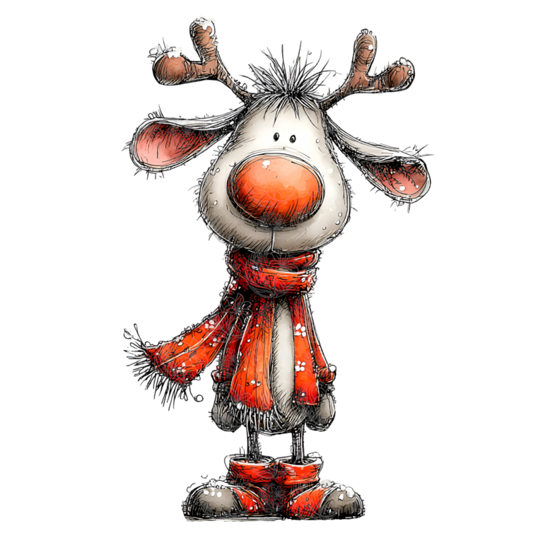Whimsical christmas reindeer cartoon wearing red scarf and boots with big orange nose, Grey Barn Handwerk, Saskatchewan.